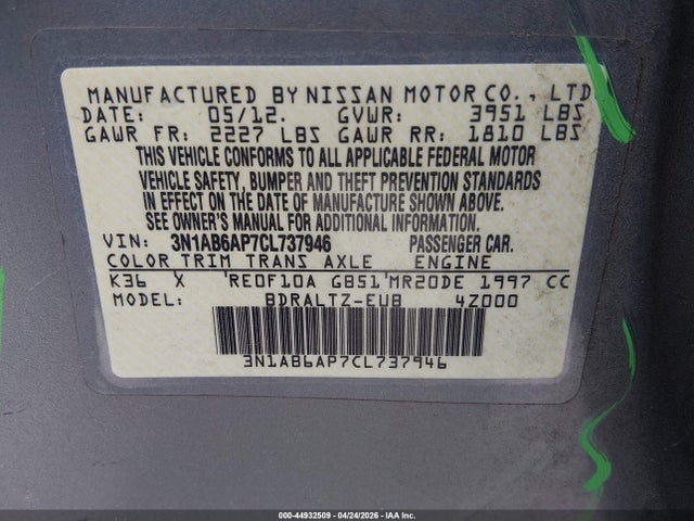 Aukcja sprzedaży 2012 Nissan Sentra 2.0 S, vin: 3N1AB6AP7CL737946, numer aukcji: 44932509