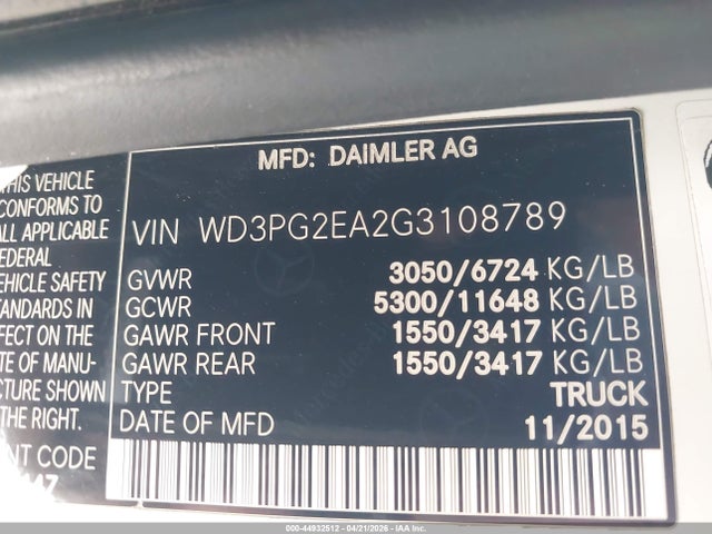 44932512 :رقم المزاد ، WD3PG2EA2G3108789 vin ، 2016 Mercedes-benz Metris مزاد بيع