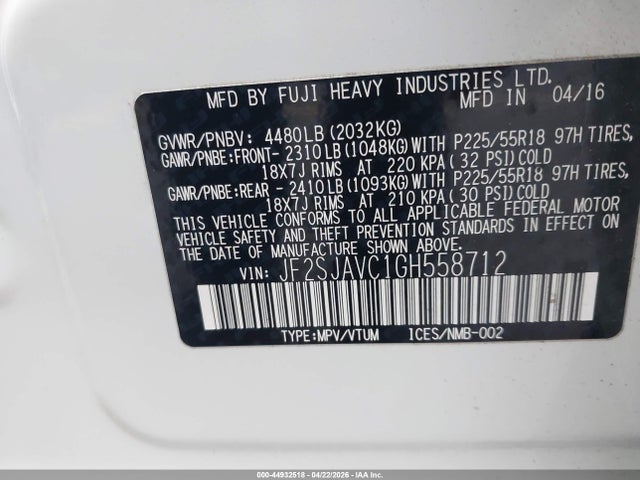 2016 Subaru Forester 2.5i Touring მანქანა იყიდება აუქციონზე, vin: JF2SJAVC1GH558712, აუქციონის ნომერი: 44932518