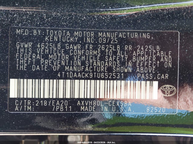 Aukcja sprzedaży 2026 Toyota Camry Se, vin: 4T1DAACK9TU652531, numer aukcji: 44932519