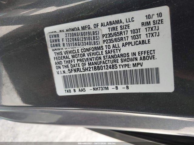 Продажа на аукционе авто 2011 Honda Odyssey Lx, vin: 5FNRL5H21BB012485, номер лота: 44932521