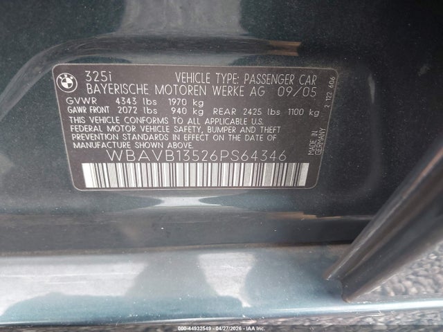Продаж на аукціоні авто 2006 Bmw 325i, vin: WBAVB13526PS64346, номер лоту: 44932549