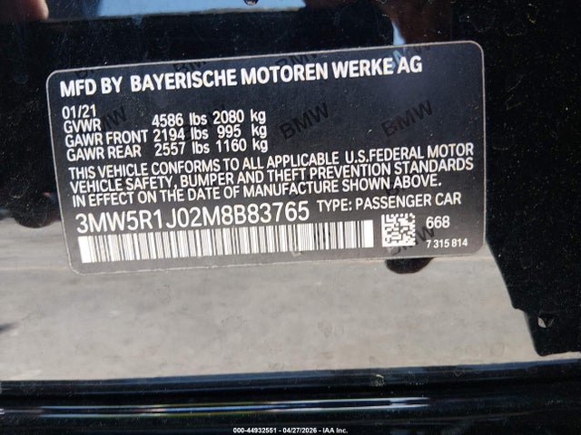 Продаж на аукціоні авто 2021 Bmw 330i, vin: 3MW5R1J02M8B83765, номер лоту: 44932551