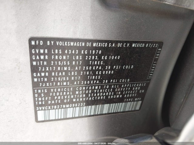 Продаж на аукціоні авто 2022 Volkswagen Taos 1.5t S, vin: 3VVCX7B27NM096232, номер лоту: 44932554