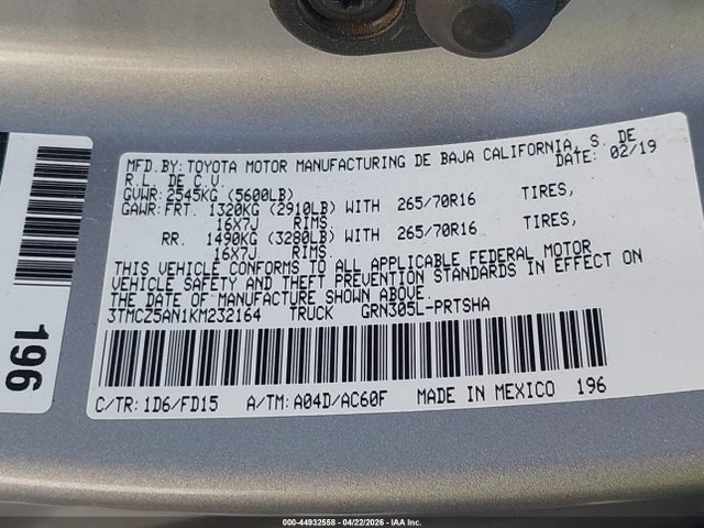 3TMCZ5AN1KM232164 Toyota Tacoma Trd Off Road