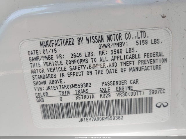 44932563 :رقم المزاد ، JN1EV7AR0KM559382 vin ، 2019 Infiniti Q50 3.0t Luxe مزاد بيع