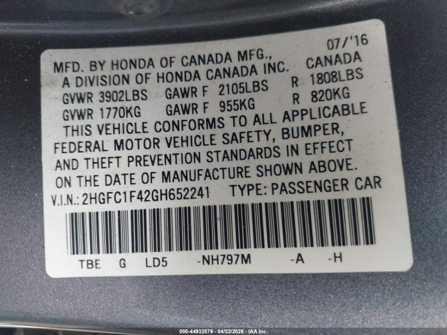 Продажа на аукционе авто 2016 Honda Civic Ex-t, vin: 2HGFC1F42GH652241, номер лота: 44932579