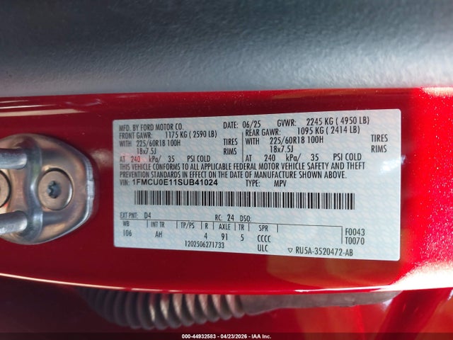 44932583 :رقم المزاد ، 1FMCU0E11SUB41024 vin ، 2025 Ford Escape Phev مزاد بيع