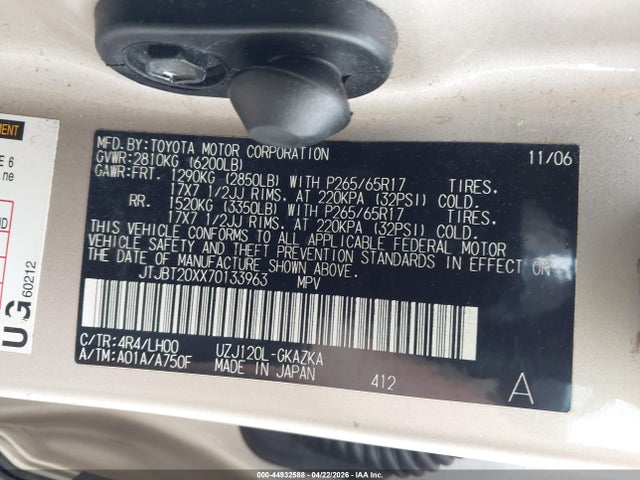 44932588 :رقم المزاد ، JTJBT20XX70133963 vin ، 2007 Lexus Gx 470 مزاد بيع