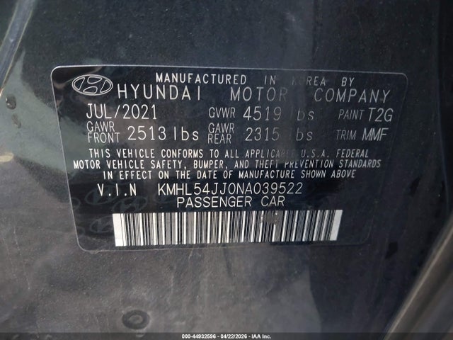 2022 Hyundai Sonata Hybrid Limited მანქანა იყიდება აუქციონზე, vin: KMHL54JJ0NA039522, აუქციონის ნომერი: 44932596