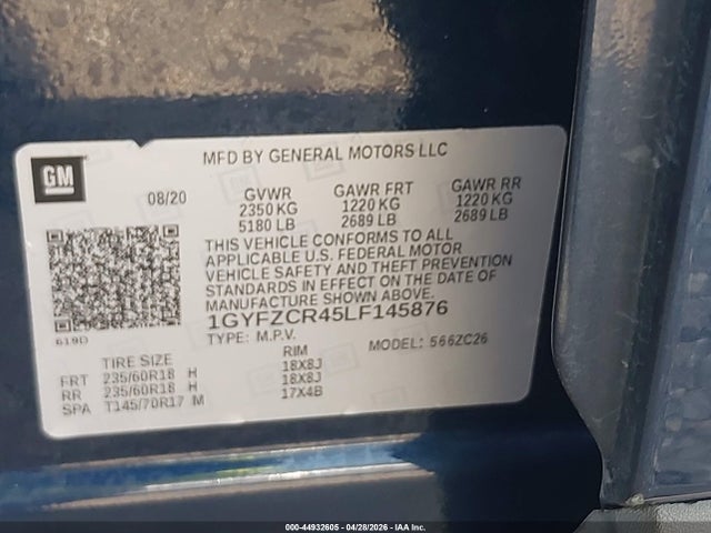 44932605 :رقم المزاد ، 1GYFZCR45LF145876 vin ، 2020 Cadillac Xt4 Fwd Premium Luxury مزاد بيع