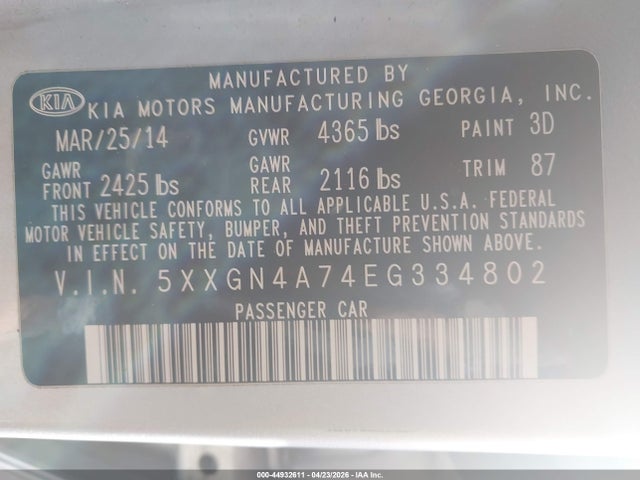 5XXGN4A74EG334802 KIA OPTIMA EX