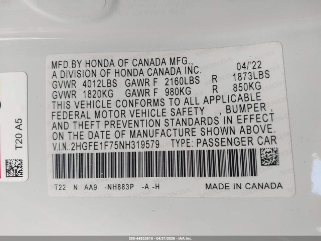 Продаж на аукціоні авто 2022 Honda Civic Ex, vin: 2HGFE1F75NH319579, номер лоту: 44932618