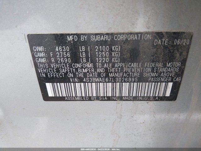 Aukcja sprzedaży 2020 Subaru Legacy Premium, vin: 4S3BWAE67L3026995, numer aukcji: 44932635