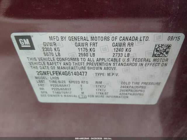 2016 Chevrolet Equinox Lt მანქანა იყიდება აუქციონზე, vin: 2GNFLFEK4G6140477, აუქციონის ნომერი: 44932645