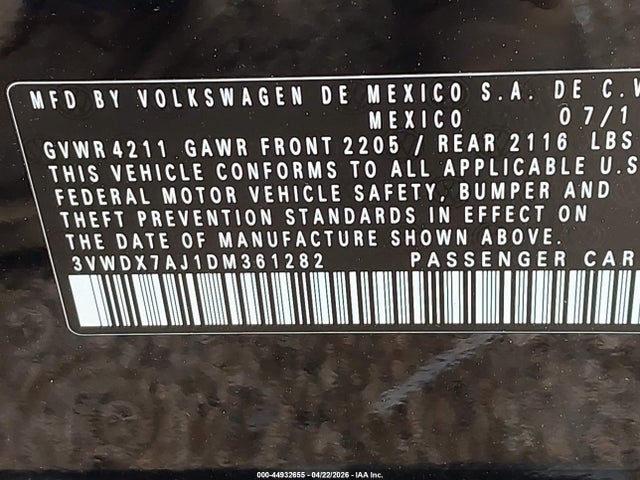 2013 Volkswagen Jetta 2.5l Se მანქანა იყიდება აუქციონზე, vin: 3VWDX7AJ1DM361282, აუქციონის ნომერი: 44932655