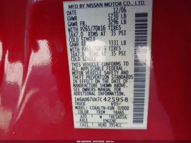 44932656 :رقم المزاد ، 1N6AD07UX7C425958 vin ، 2007 Nissan Frontier Se مزاد بيع