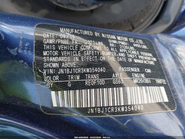 Продажа на аукционе авто 2019 Nissan Rogue Sport S, vin: JN1BJ1CR3KW354040, номер лота: 44932658