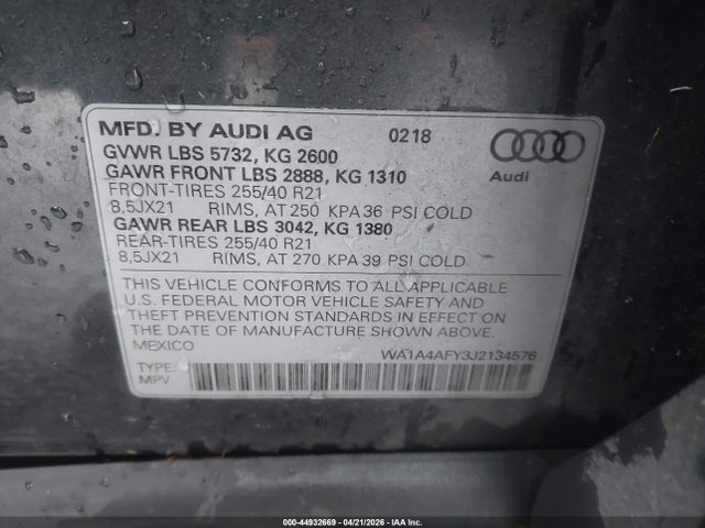 44932669 :رقم المزاد ، WA1A4AFY3J2134576 vin ، 2018 Audi Sq5 3.0t Premium Plus مزاد بيع