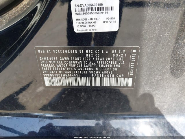 2021 Volkswagen Jetta 1.4t R-line/1.4t S მანქანა იყიდება აუქციონზე, vin: 3VWN57BU9MM084531, აუქციონის ნომერი: 44932670