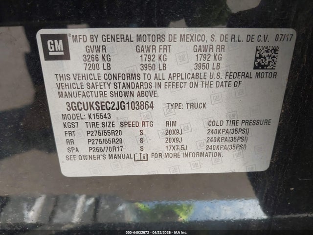 2018 Chevrolet Silverado 1500 1lz მანქანა იყიდება აუქციონზე, vin: 3GCUKSEC2JG103864, აუქციონის ნომერი: 44932672