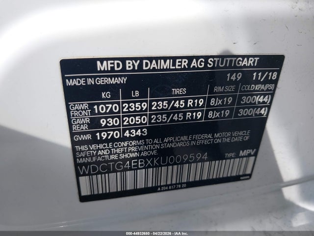 WDCTG4EBXKU009594 Mercedes-Benz GLA 250