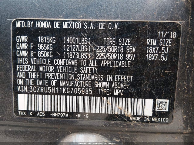 Auction sale of the 2019 Honda Hr-v Sport, vin: 3CZRU5H11KG705985, lot number: 44932682