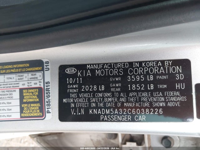 Aukcja sprzedaży 2012 Kia Rio5 Lx, vin: KNADM5A32C6038226, numer aukcji: 44932685
