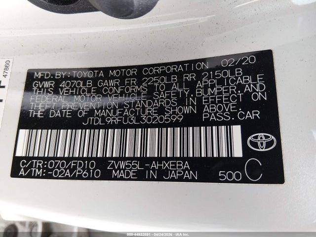 Продажа на аукционе авто 2020 Toyota Prius Le Awd-e, vin: JTDL9RFU3L3020599, номер лота: 44932691