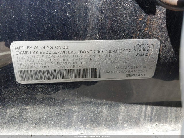 Aukcja sprzedaży 2008 Audi A6 3.2 Avant, vin: WAUKH74FX8N142280, numer aukcji: 44932698