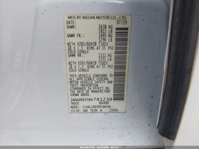 Aukcja sprzedaży 2019 Nissan Frontier Sv, vin: 1N6AD0EV3KN781239, numer aukcji: 44932700