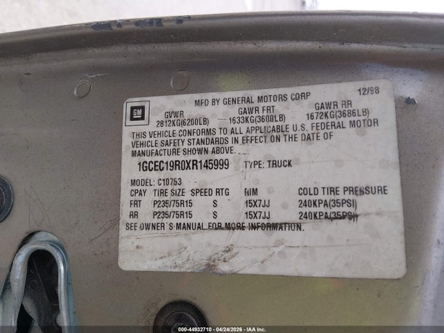 Aukcja sprzedaży 1999 Chevrolet C1500 Ls, vin: 1GCEC19R0XR145999, numer aukcji: 44932710