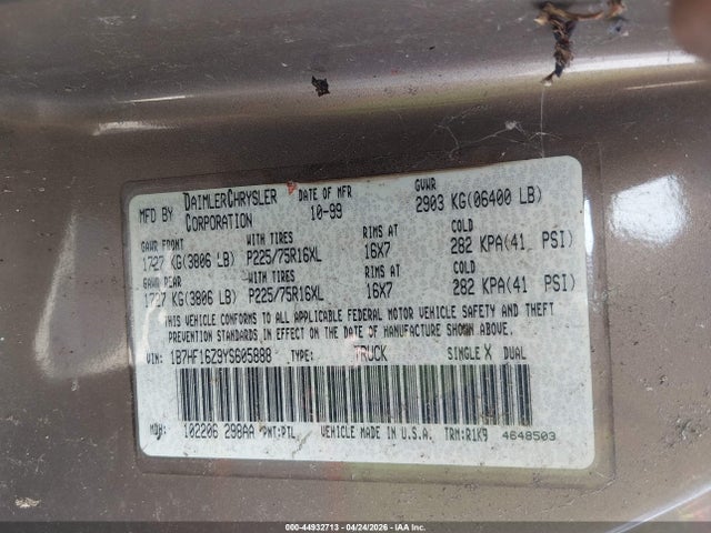 Aukcja sprzedaży 2000 Dodge Ram 1500 St, vin: 1B7HF16Z9YS605888, numer aukcji: 44932713