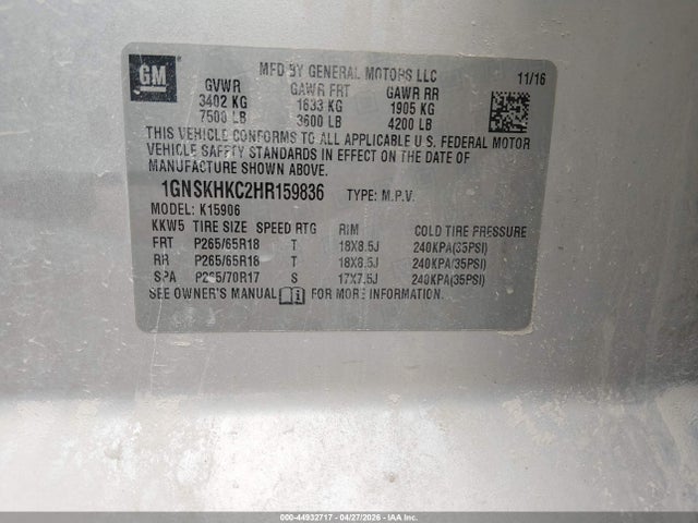 Продажа на аукционе авто 2017 Chevrolet Suburban Lt, vin: 1GNSKHKC2HR159836, номер лота: 44932717