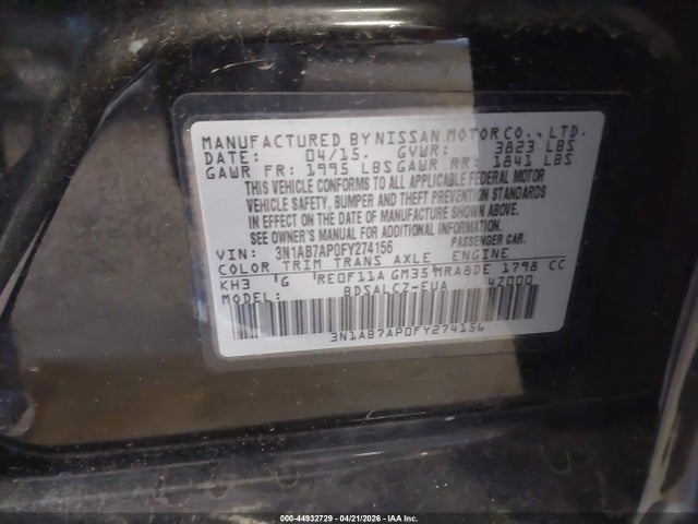 Продажа на аукционе авто 2015 Nissan Sentra S, vin: 3N1AB7AP0FY274156, номер лота: 44932729