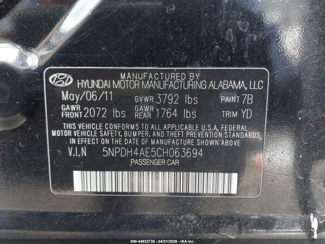 Aukcja sprzedaży 2012 Hyundai Elantra Gls, vin: 5NPDH4AE5CH063694, numer aukcji: 44932736