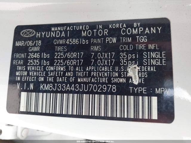 Aukcja sprzedaży 2018 Hyundai Tucson Sel, vin: KM8J33A43JU702978, numer aukcji: 44932742