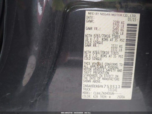 Aukcja sprzedaży 2015 Nissan Frontier Sv, vin: 1N6AD0ER6FN753511, numer aukcji: 44932748