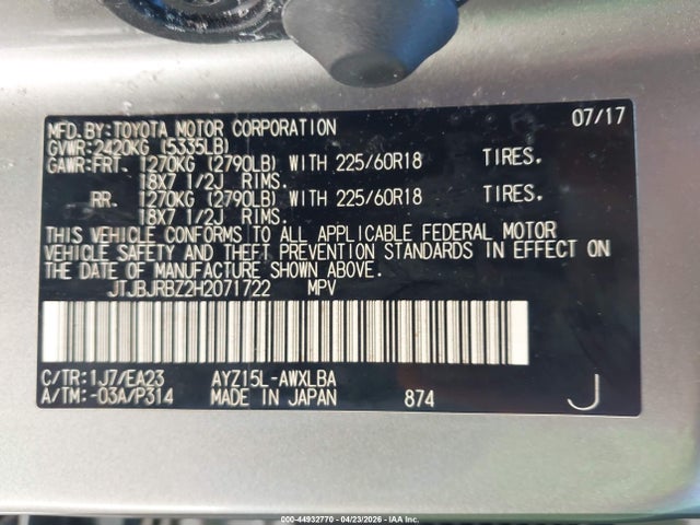 44932770 :رقم المزاد ، JTJBJRBZ2H2071722 vin ، 2017 Lexus Nx 300h مزاد بيع