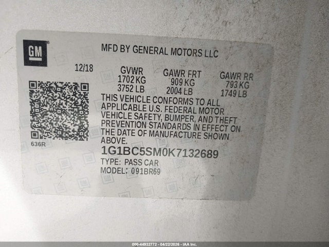 44932772 :رقم المزاد ، 1G1BC5SM0K7132689 vin ، 2019 Chevrolet Cruze Ls مزاد بيع