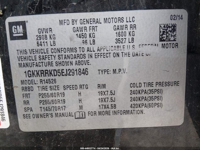 Aukcja sprzedaży 2014 Gmc Acadia Slt-1, vin: 1GKKRRKD5EJ291846, numer aukcji: 44932774