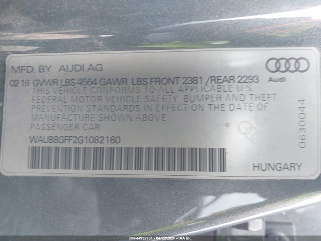 Aukcja sprzedaży 2016 Audi A3 2.0t Premium, vin: WAUB8GFF2G1082160, numer aukcji: 44932781