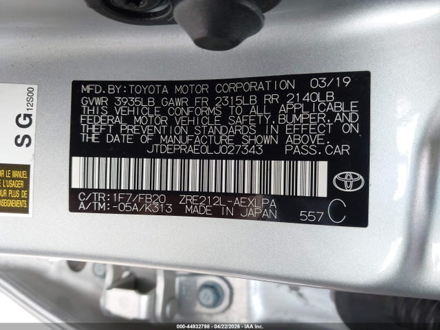2020 Toyota Corolla Le მანქანა იყიდება აუქციონზე, vin: JTDEPRAE0LJ027343, აუქციონის ნომერი: 44932798