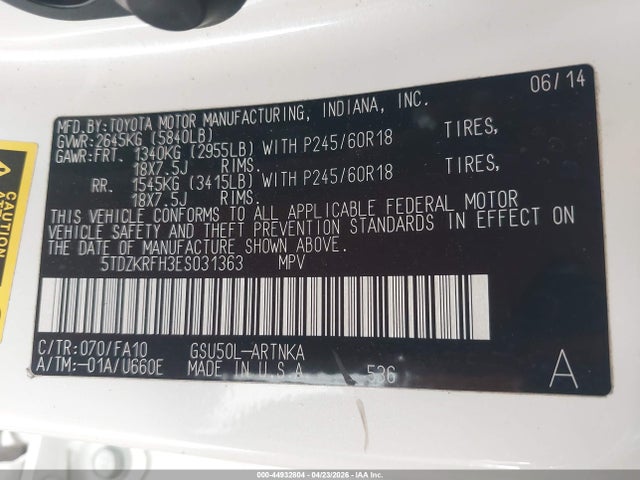 5TDZKRFH3ES031363 Toyota Highlander Le Plus V6