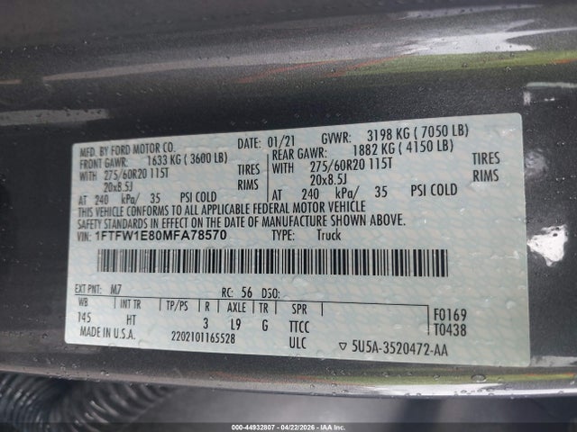 Aukcja sprzedaży 2021 Ford F-150 Lariat, vin: 1FTFW1E80MFA78570, numer aukcji: 44932807