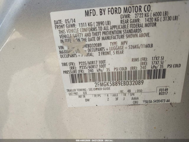 Ford FLEX SE 2014 2FMGK5B89EBD32089 Image 9