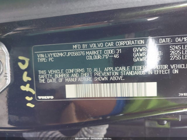 44932818 :رقم المزاد ، LVY102MK7JP056076 vin ، 2018 Volvo S90 T5 Momentum مزاد بيع
