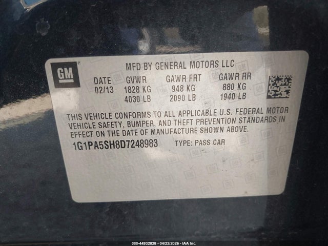 2013 Chevrolet Cruze Ls Auto მანქანა იყიდება აუქციონზე, vin: 1G1PA5SH8D7248983, აუქციონის ნომერი: 44932828