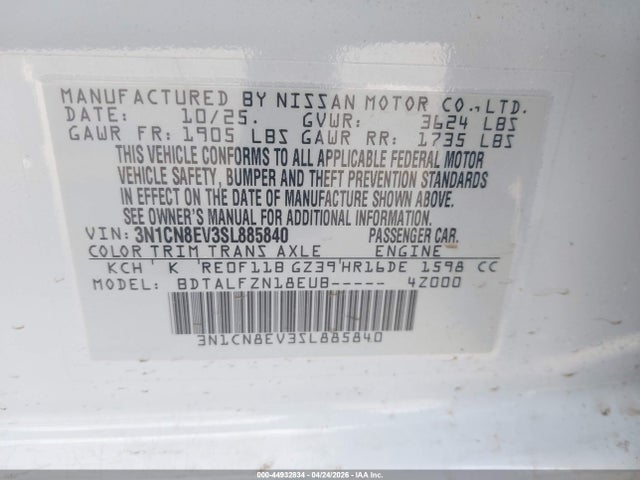 Продаж на аукціоні авто 2025 Nissan Versa 1.6 Sv, vin: 3N1CN8EV3SL885840, номер лоту: 44932834