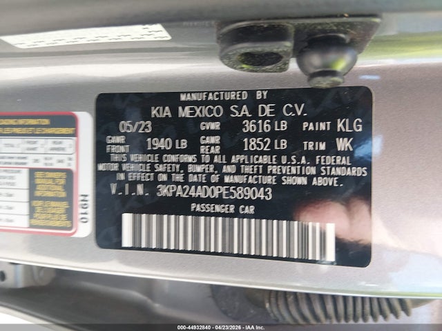 2023 Kia Rio S მანქანა იყიდება აუქციონზე, vin: 3KPA24AD0PE589043, აუქციონის ნომერი: 44932840